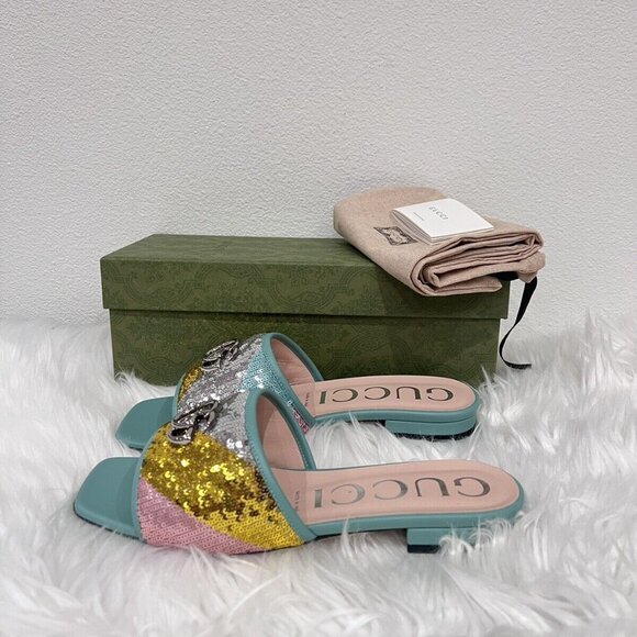 NIB Gucci Marmont Logo Interlocking GG Matelasse Jolie Slide Sandal Mule 39.5 - Picture 3 of 9